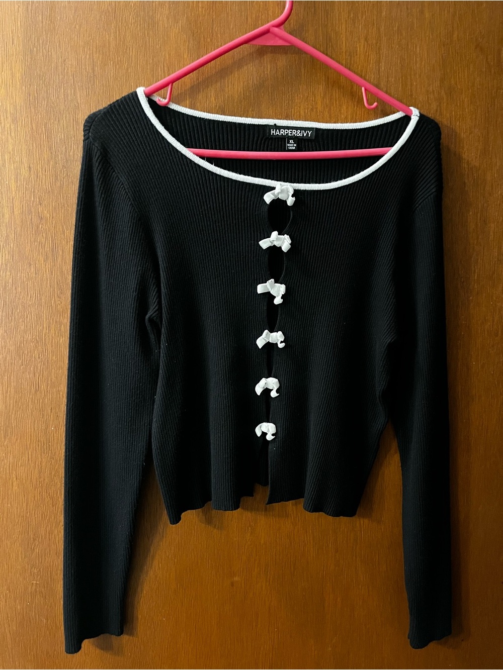 Harper Black Ribbed Top with White Trim and Bow Accents